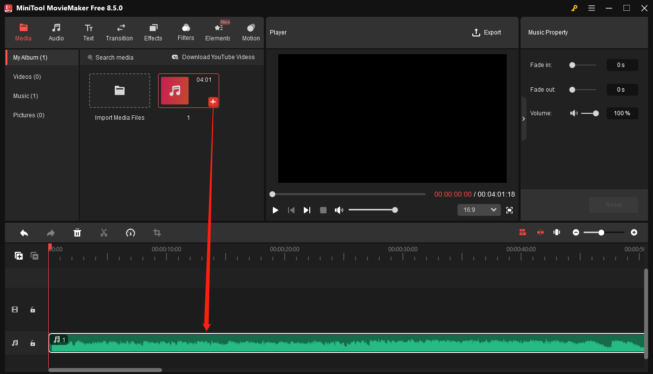 MiniTool MovieMaker interface showing how to add an audio file from the media library to the timeline.