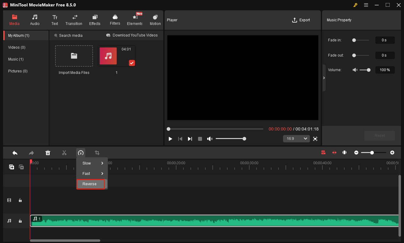 MiniTool MovieMaker interface showing the selected Reverse option from the Speed dropdown on the timeline.