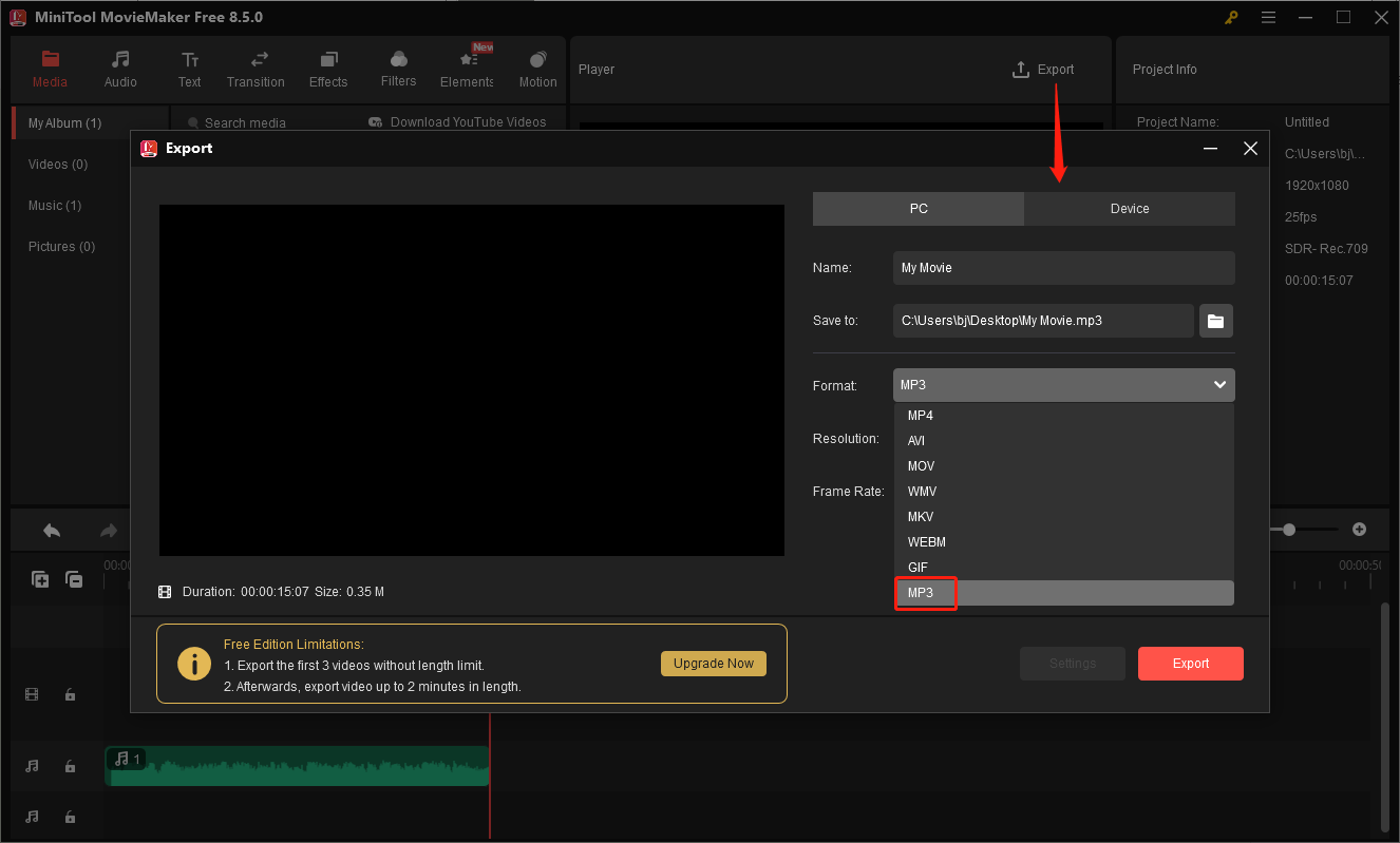 MiniTool MovieMaker interface showing how to open the Export window and set the output format to MP3.