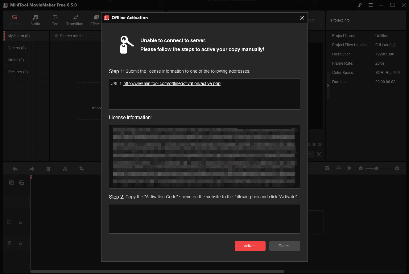 MiniTool MovieMaker interface showing the offline activation window.