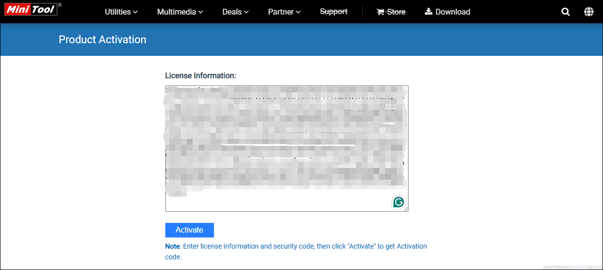 MiniTool product activation page showing the License Information of MiniTool MovieMaker.