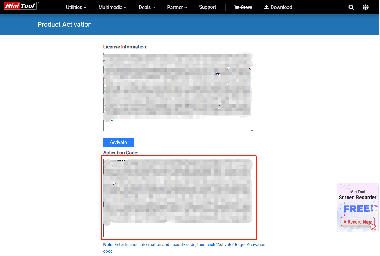 MiniTool product activitation page with the highlighted activation code of MiniTool MovieMaker.