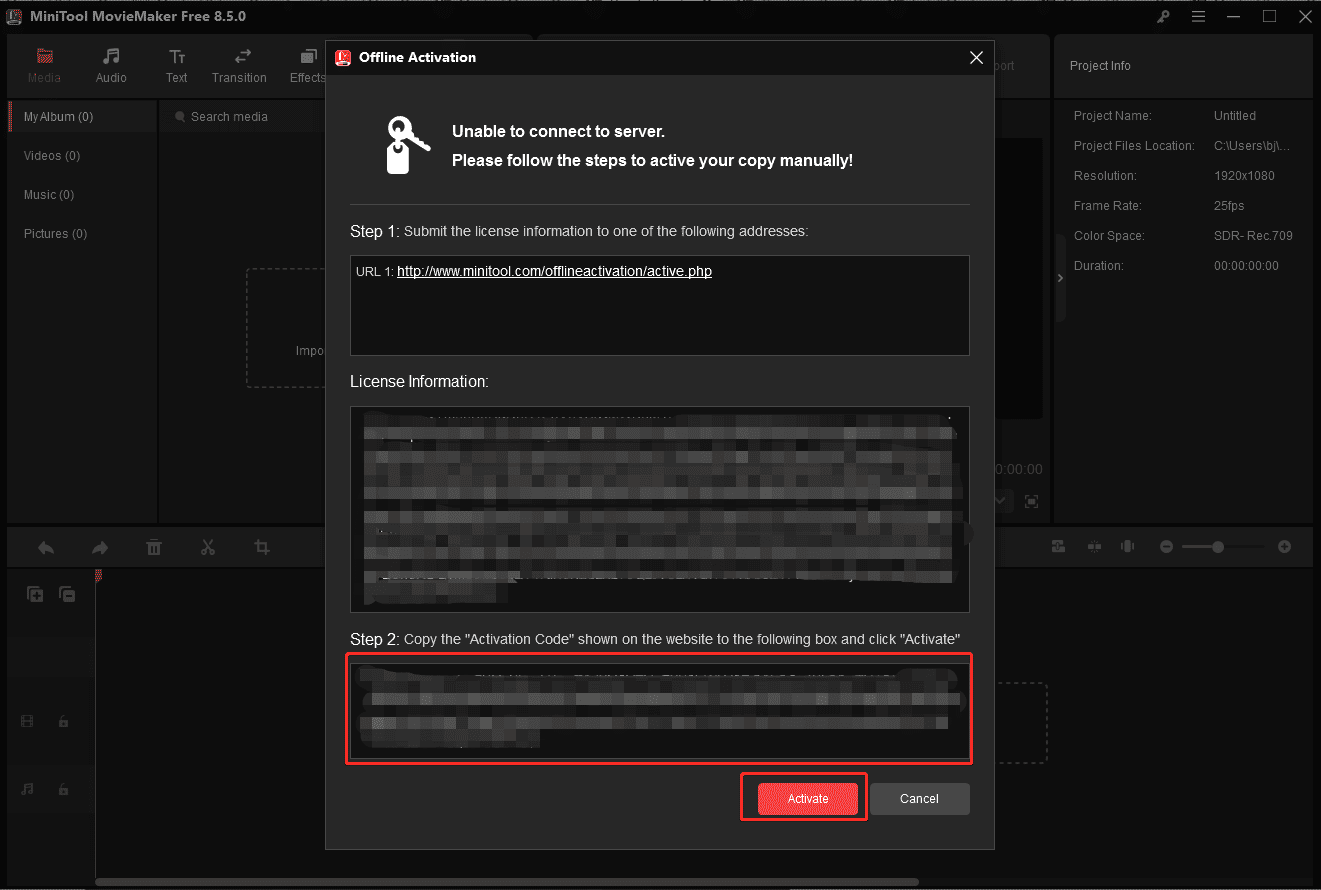 MiniTool MovieMaker offline activation window with the highlighted activation code section and the Activate button.