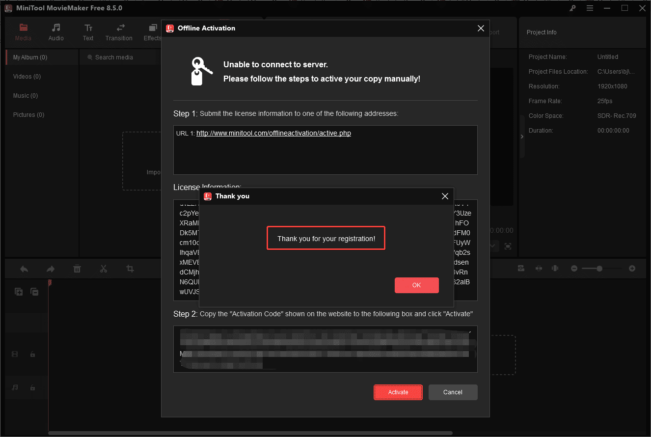MiniTool MovieMaker offline activation window with the highlighted Thank you for your registration.
