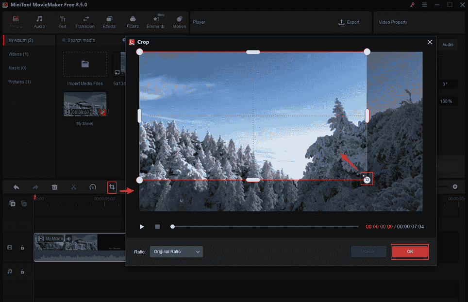 MiniTool MovieMaker interface showing how to crop a video by dragging one of the video corners inward.
