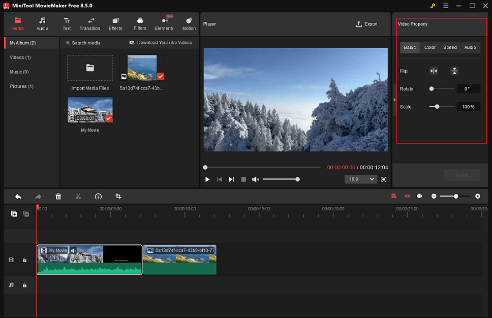 MiniTool MovieMaker interface showing how to change video properties.