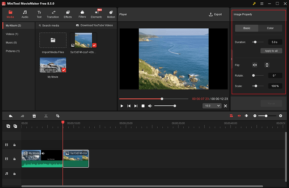 MiniTool MovieMaker interface showing how to change image properties.
