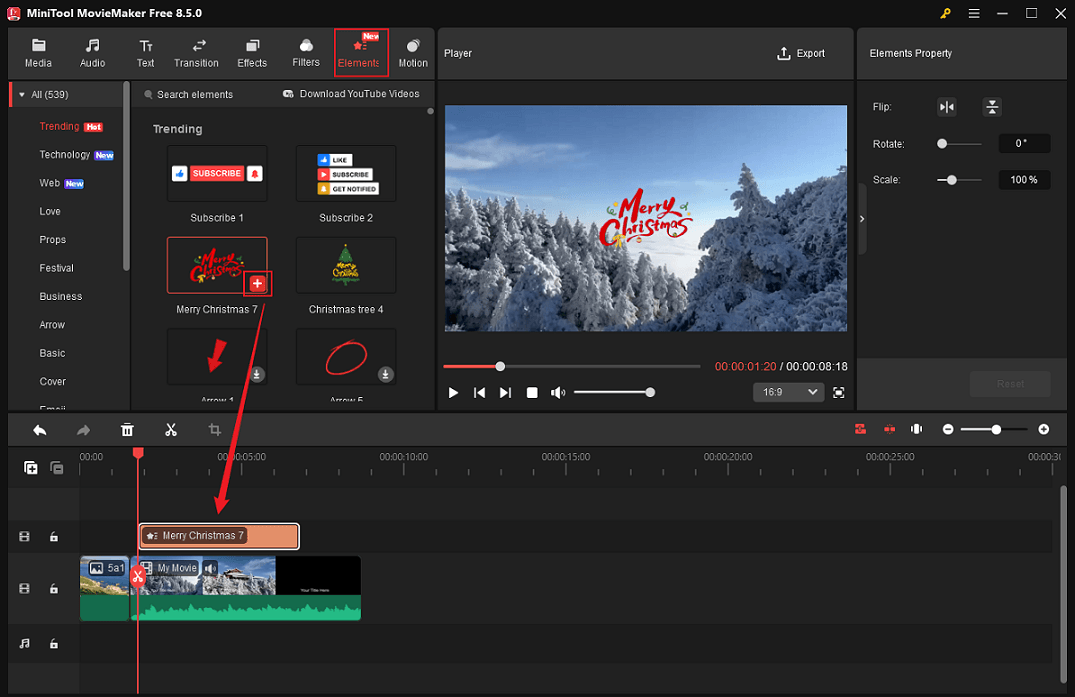 MiniTool MovieMaker interface showing how to add a sticker from the Elements section to the video.