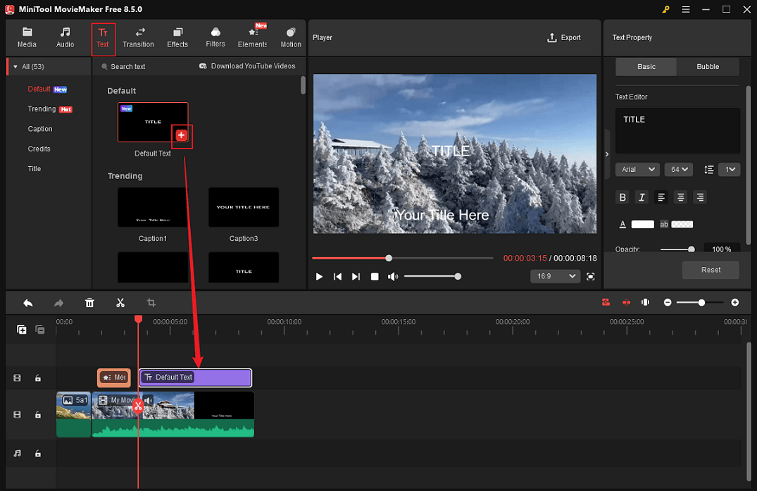 MiniTool MovieMaker interface showing how to add text to the teaser video.
