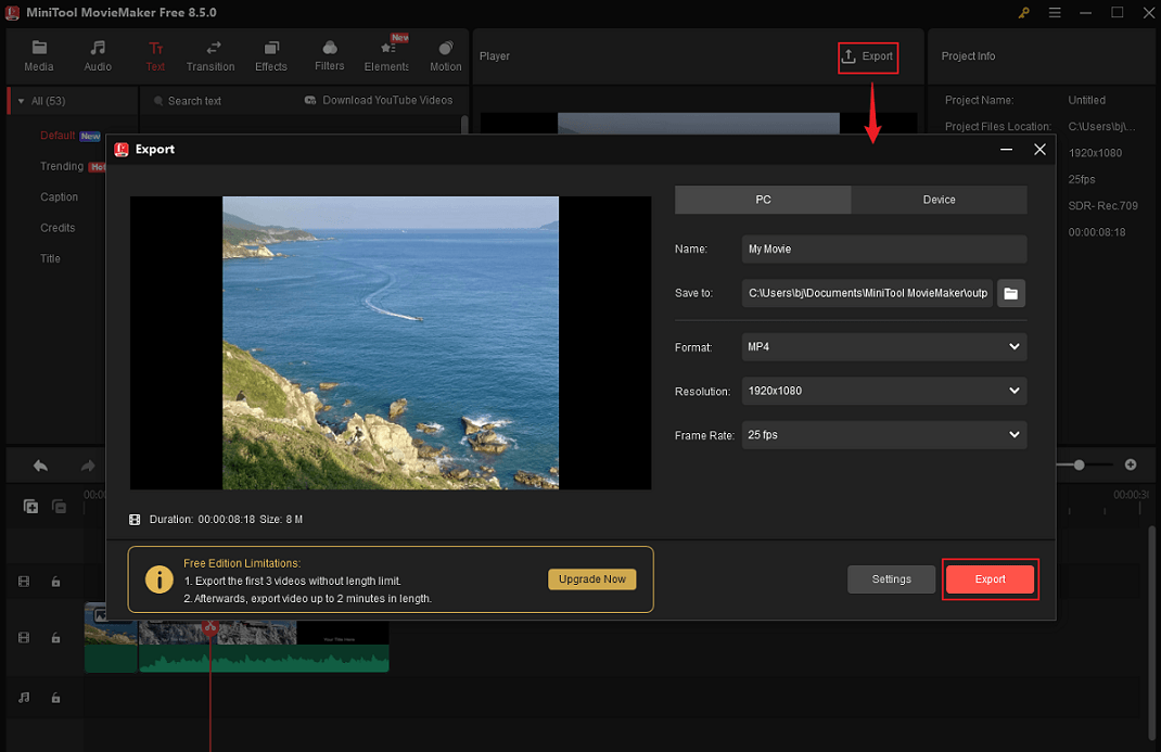 MiniTool MovieMaker showing how to export the teaser video.