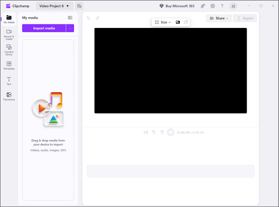 Microsoft Clipchamp’s user interface.