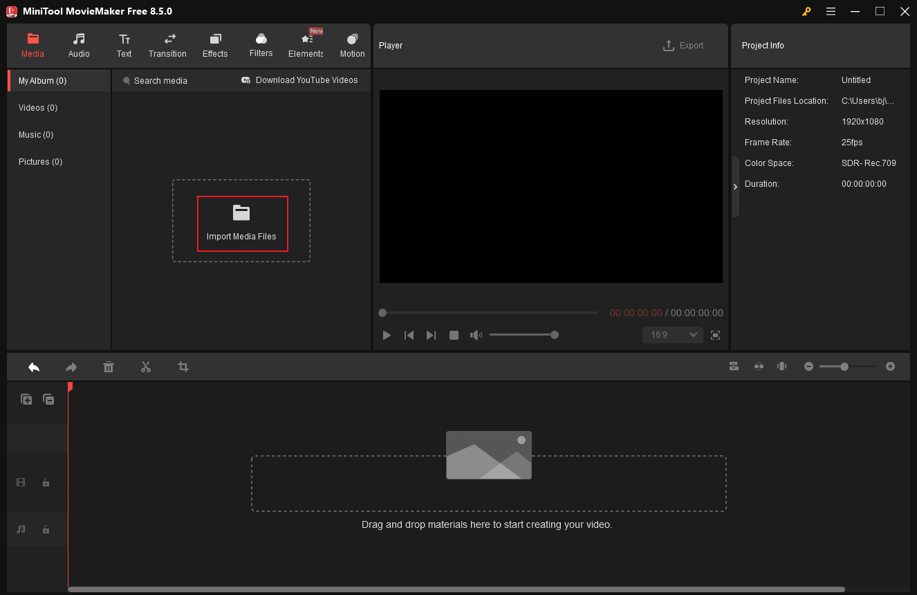 MiniTool MovieMaker interface with the Import Media Files option selected to import footage.
