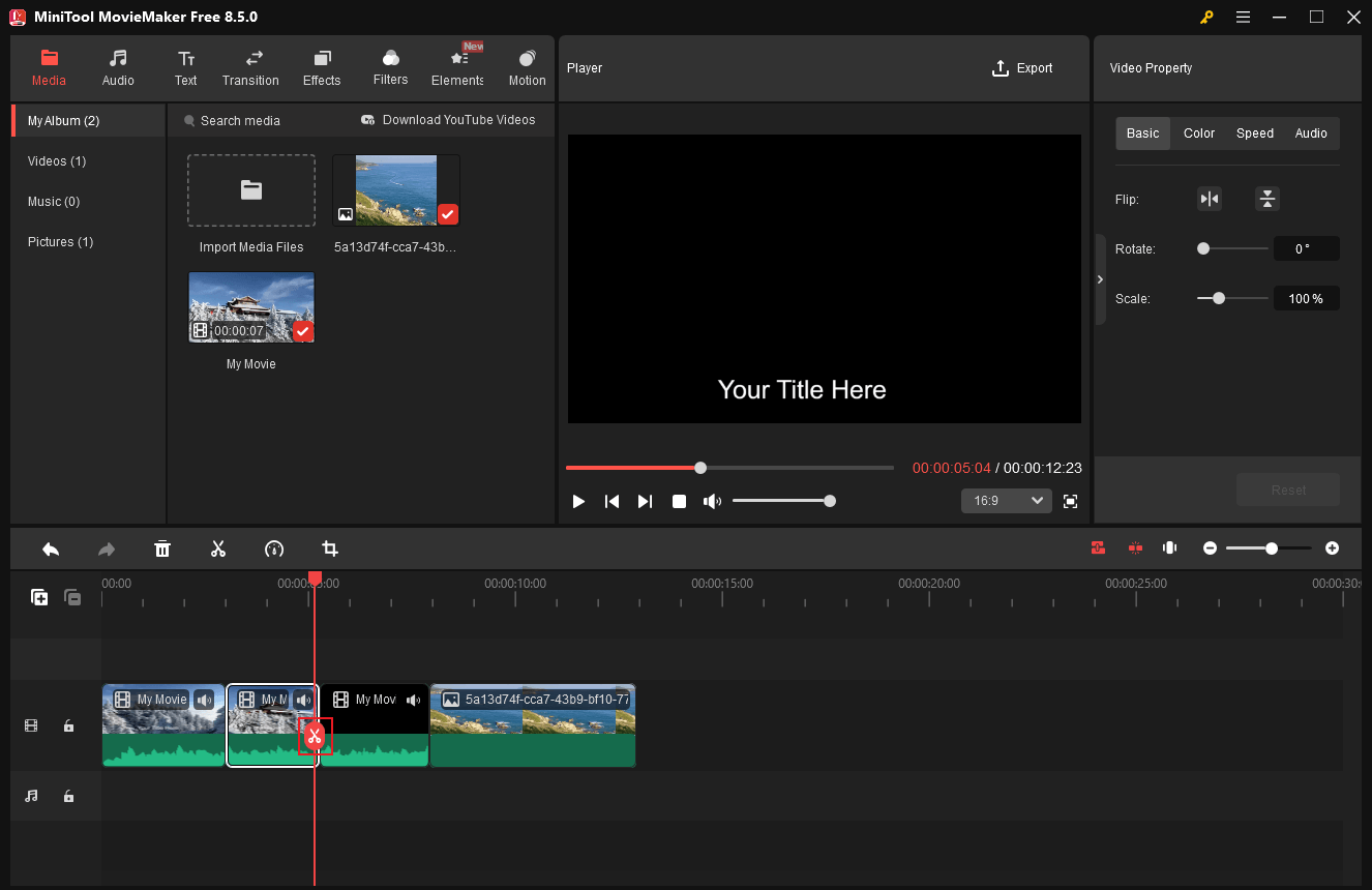 MiniTool MovieMaker interface showing how to split video by dragging the red playhead and clicking the Scissors icon.