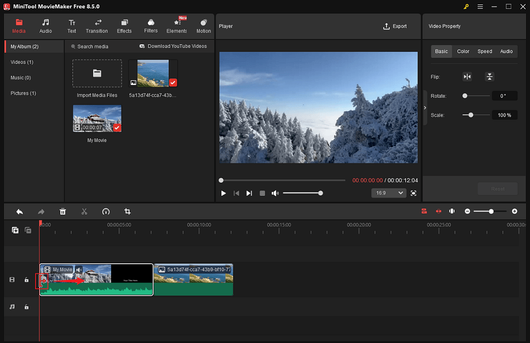 MiniTool MovieMaker interface showing how to trim the video by dragging the Trim icon inward.