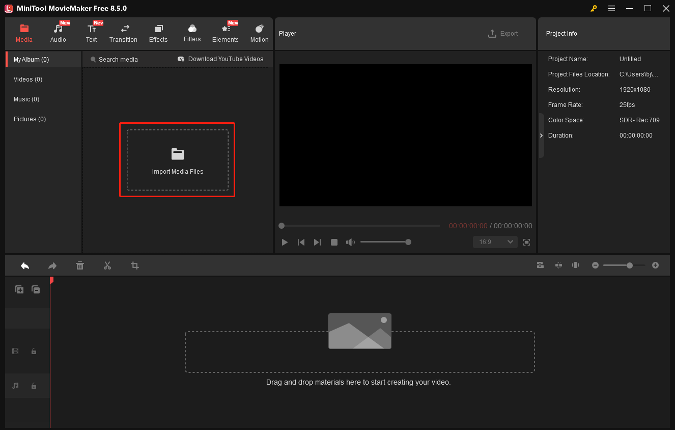 MiniTool MovieMaker interface highlighting the Import Media Files button.