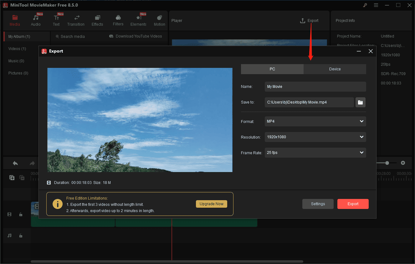 MiniTool MovieMaker interface showing the Export window with the default output settings
