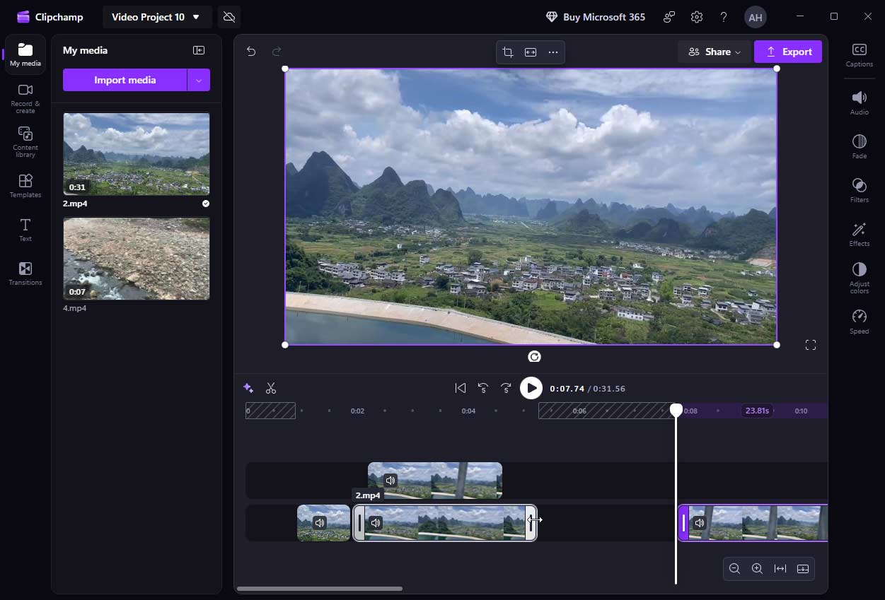 The main interface of Microsoft Clipchamp.