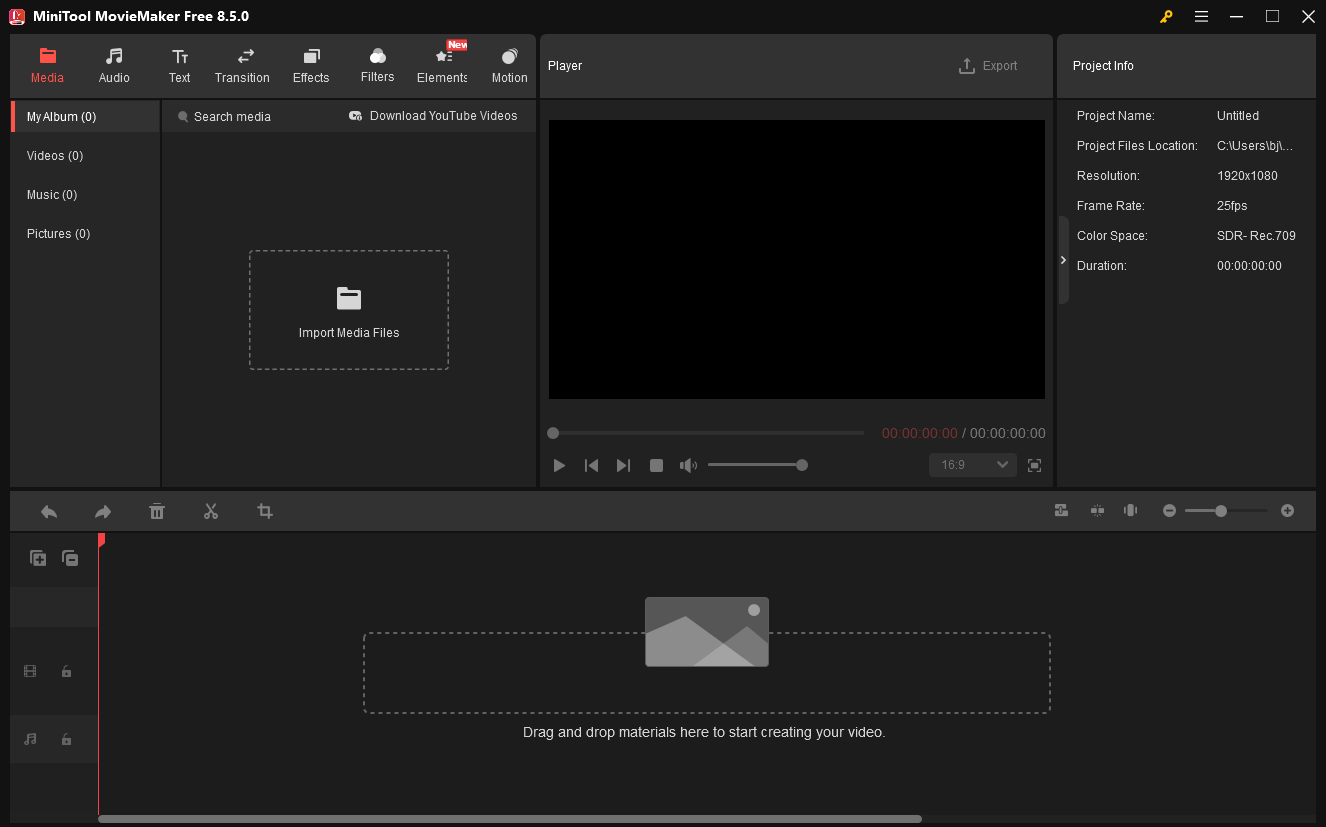 The main user interface of MiniTool MovieMaker.