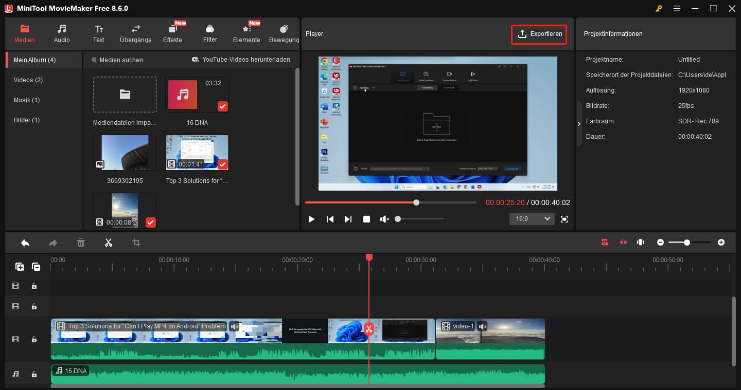 Klicken Sie auf Exportieren in der oberen rechten Ecke des Hauptfensters, um das Video in MiniTool zu exportieren.