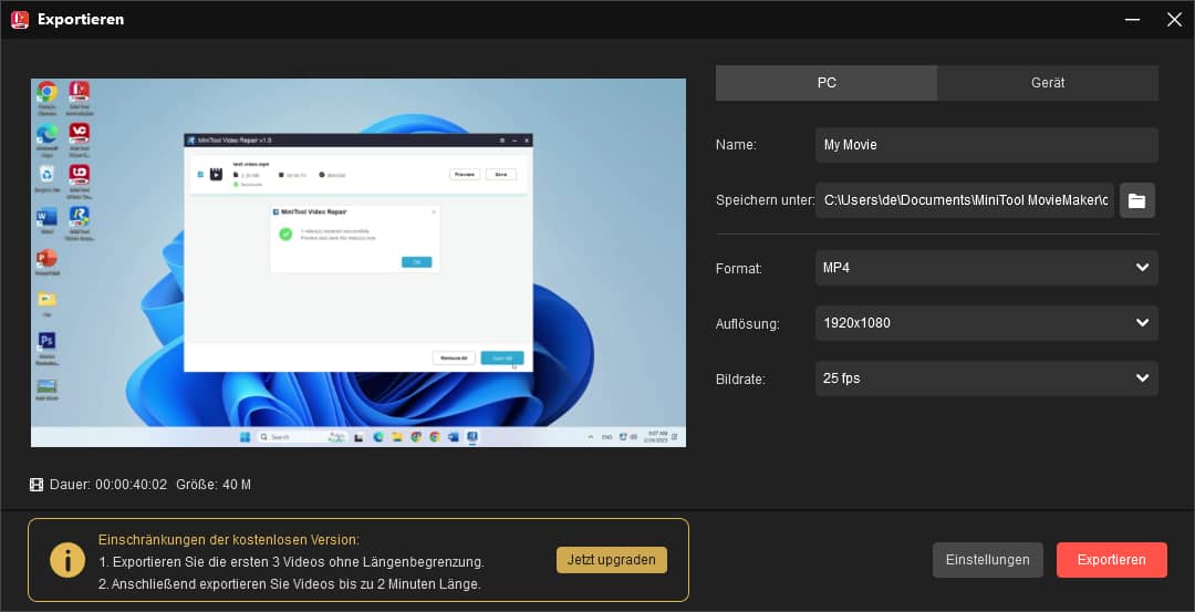 Das Hauptfenster der Exporteinstellungen in MiniTool MovieMaker.