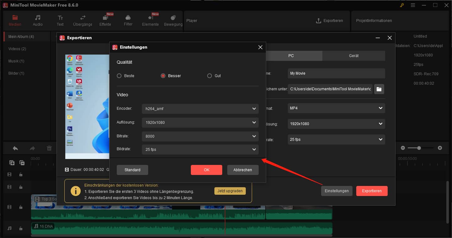 Weitere Exporteinstellungen in MiniTool MovieMaker personalisieren.