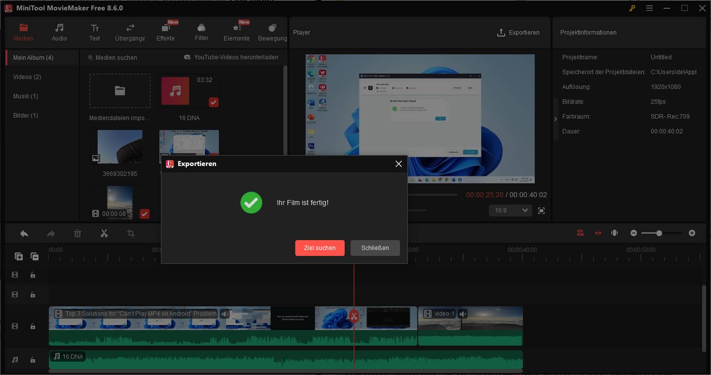 Klicken Sie auf die Schaltfläche Ziel finden, um das exportierte Video zu finden.