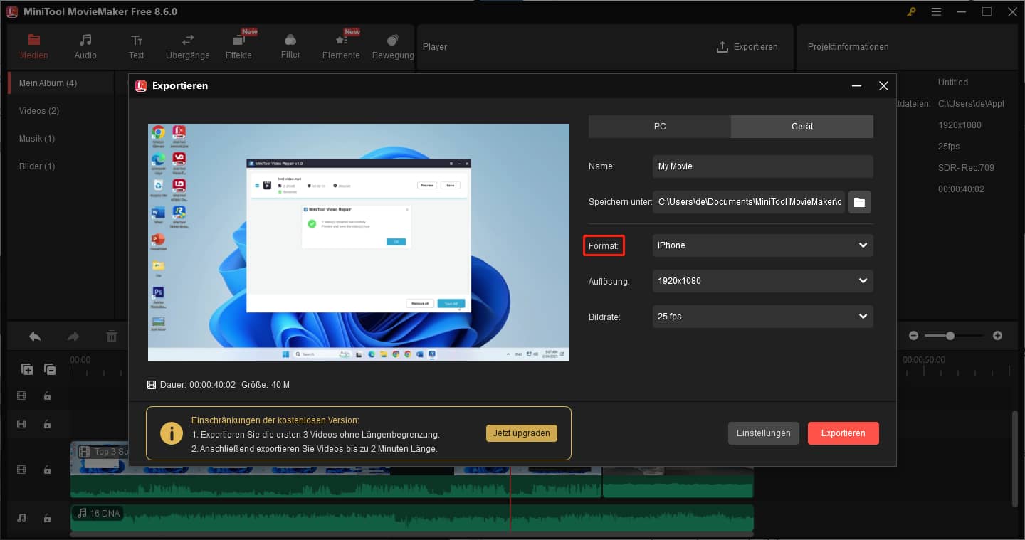 Ein Video in einem Format exportieren, das von gängigen mobilen Geräten unterstützt wird.