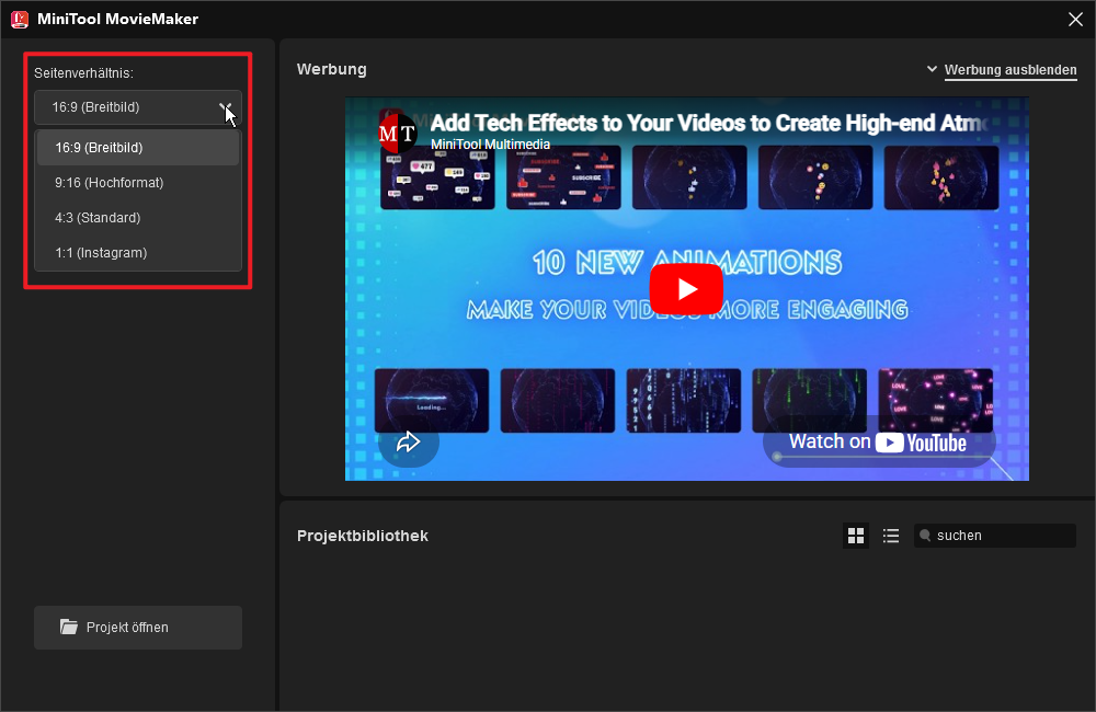 Seitenverhältnis im Werbefenster anzeigen.