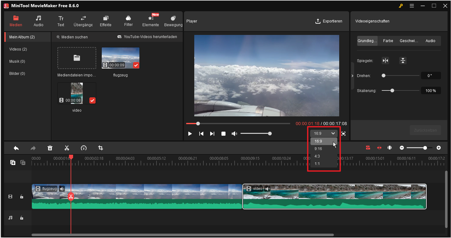 Ändern des Videoseitenverhältnisses im Vorschaufenster.