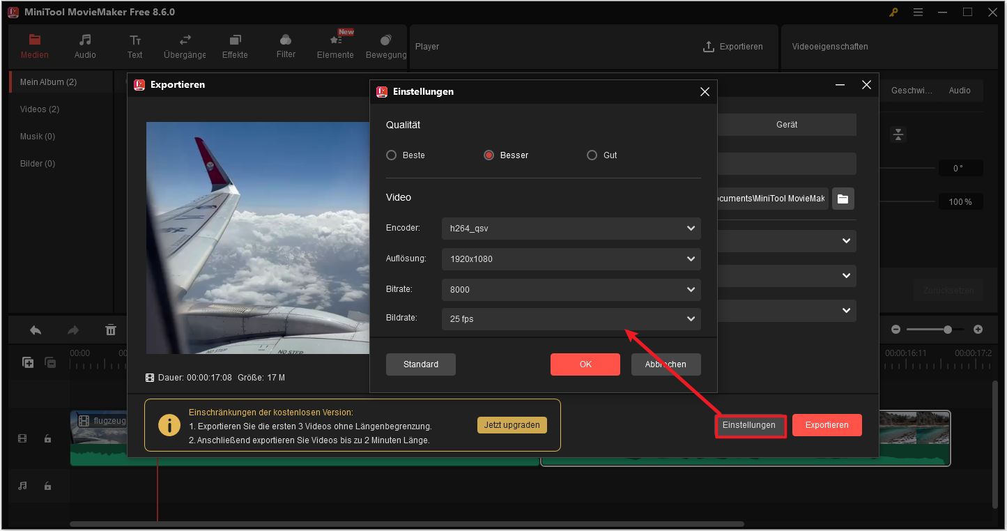 Mit MiniTool MovieMaker Video exportieren und Einstellungen anzeigen und ändern.