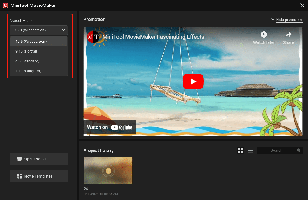 Defina uma relação de aspecto na janela promocional.
