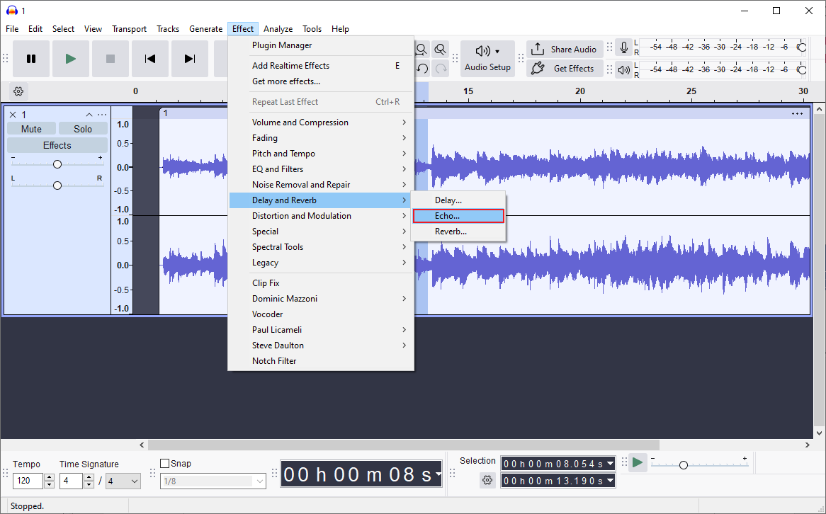 Audacity interface with the selected Echo option.