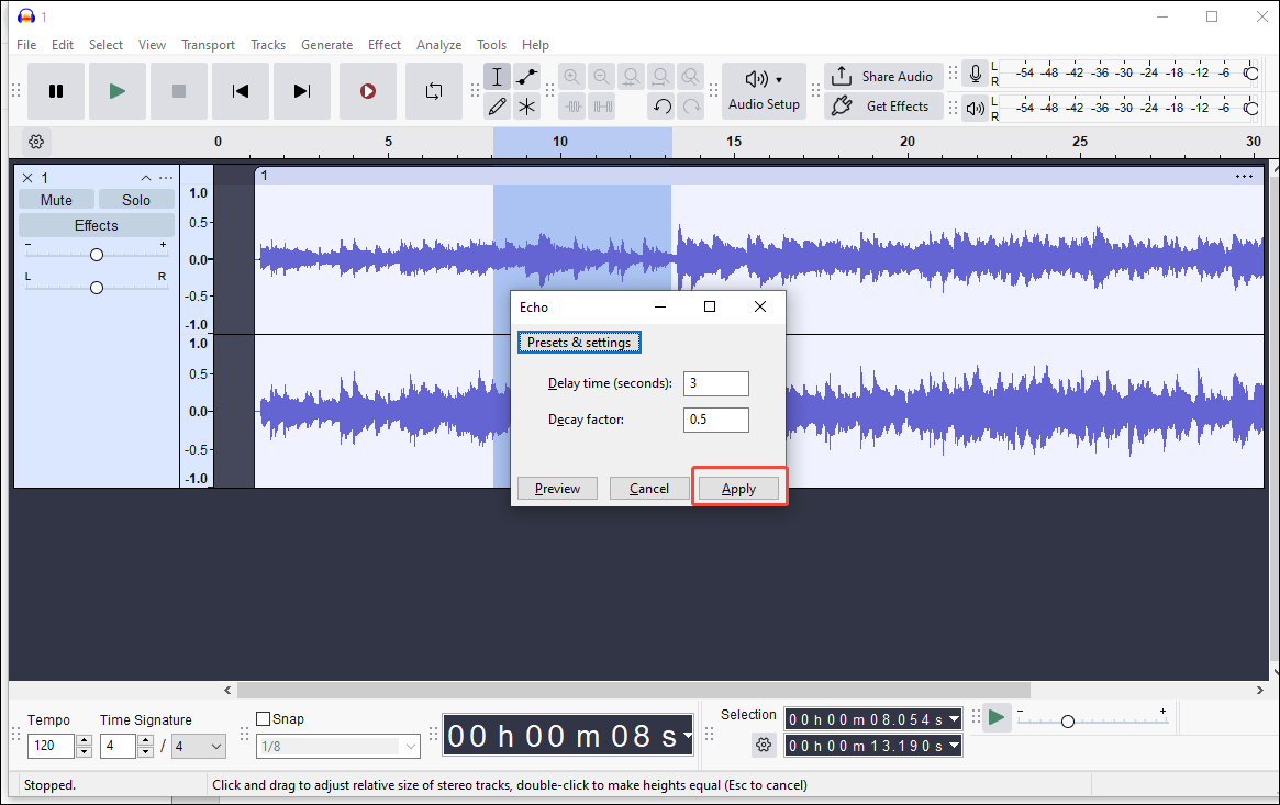Audacity interface with the selected Apply option in the Echo setting window.