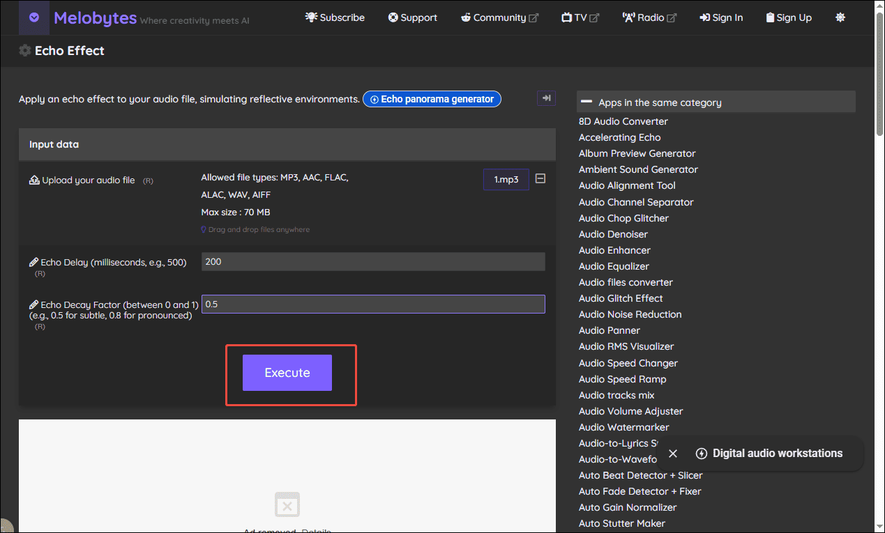 Melobytes interface showing the selected Execute option.