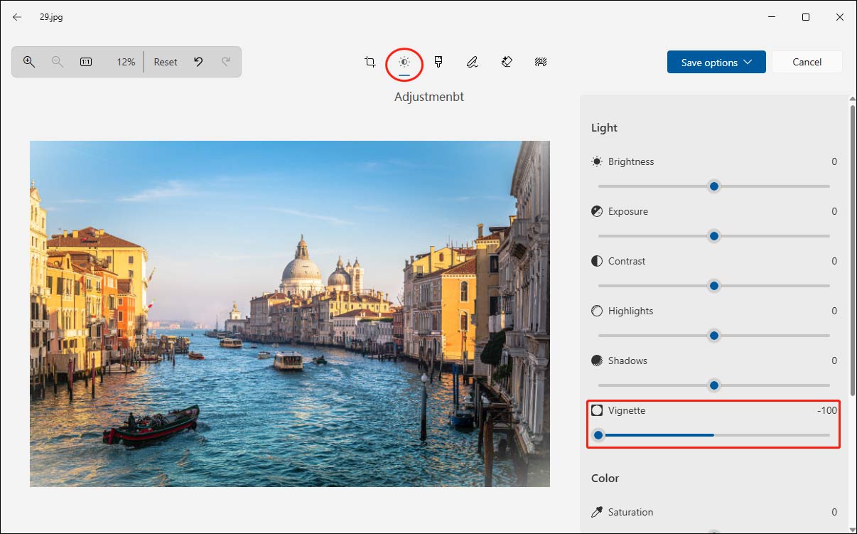 Windows Photos Adjustment page showing how to add a vignette to a photo.