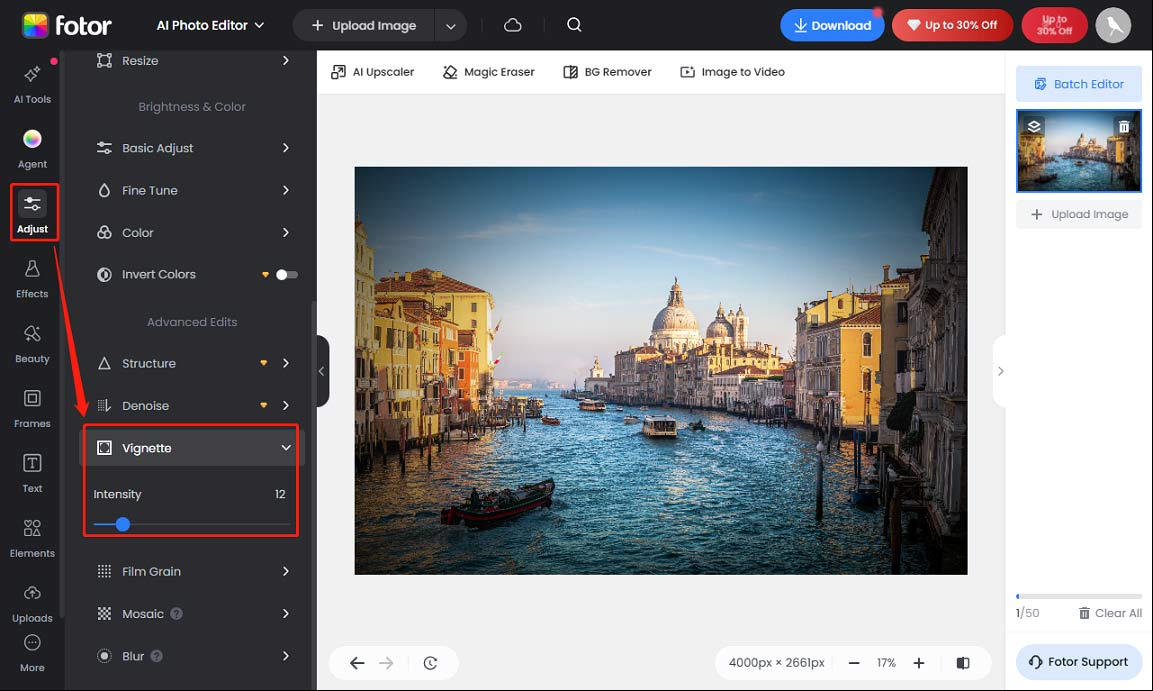 Fotor editing page showing how to add a vignette to a photo in the adjustment tool section.