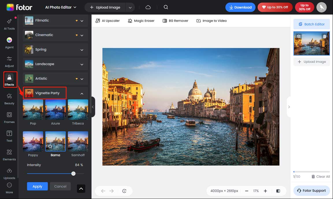 Fotor editing page showing how to add a vignette to a photo using a preset effect.