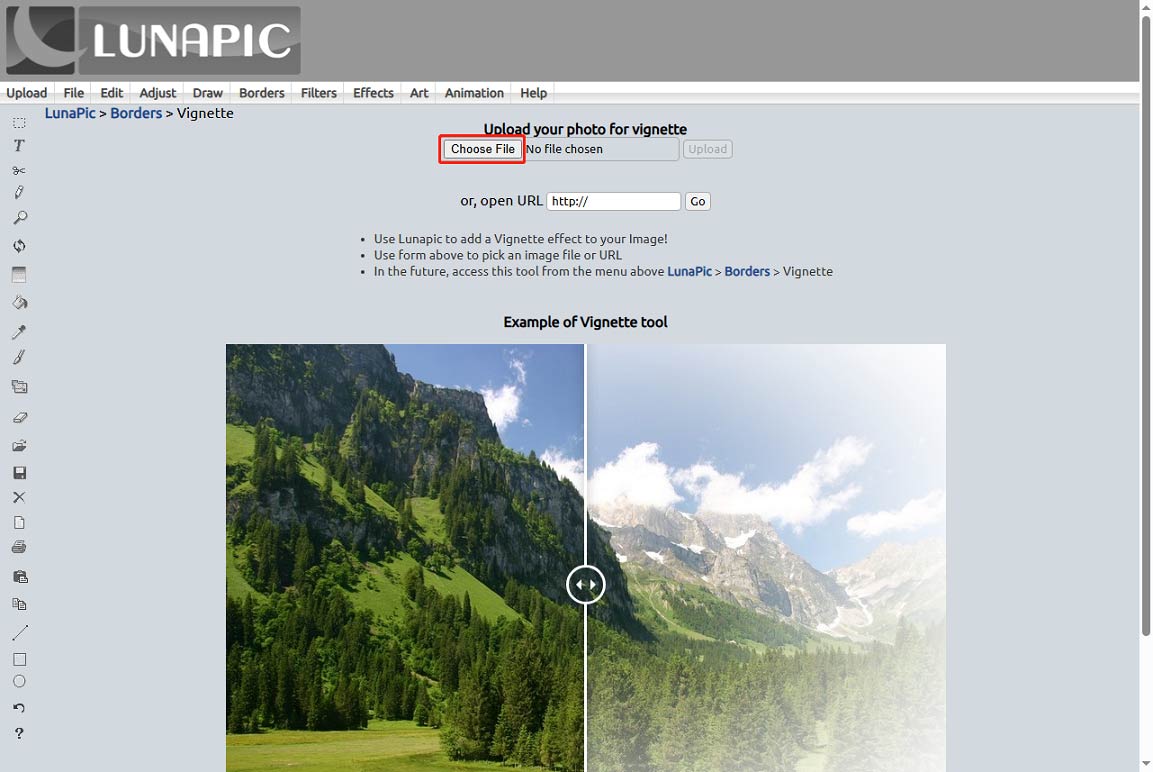 Lunapic interface showing how to open a photo.