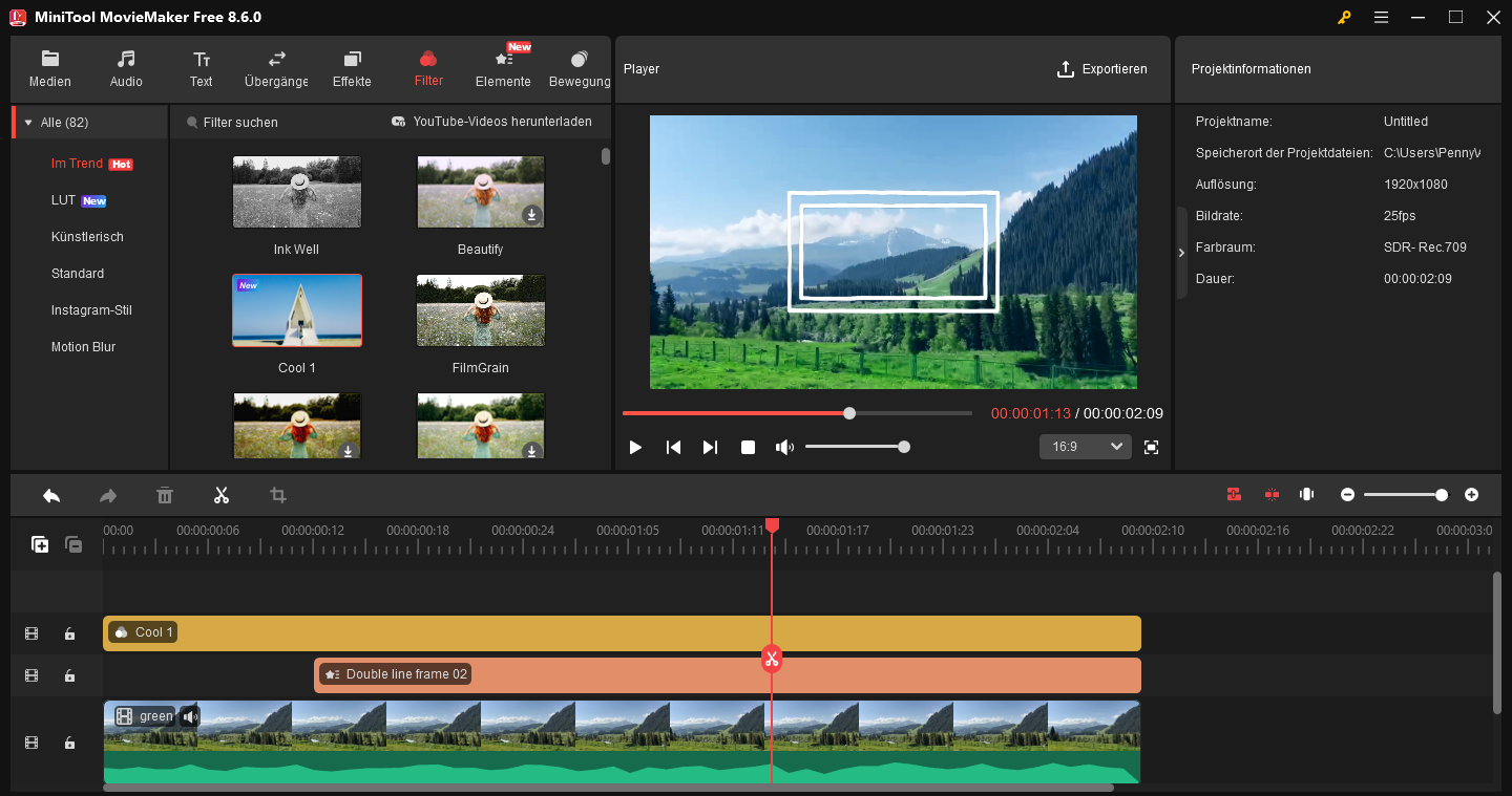 Die Hauptschnittstelle von der professionellen Videobearbeitungssoftware MiniTool MovieMaker.