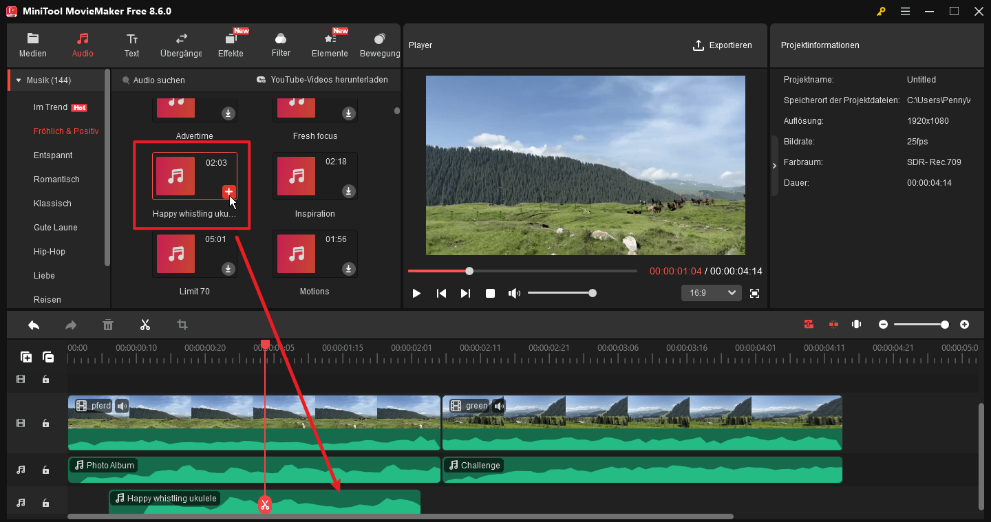 Integriertes Audio zur Zeitleiste in MiniTool MovieMaker hinzufügen.