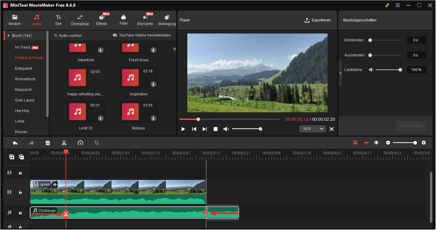 Audio in MiniTool MovieMaker trimmen.