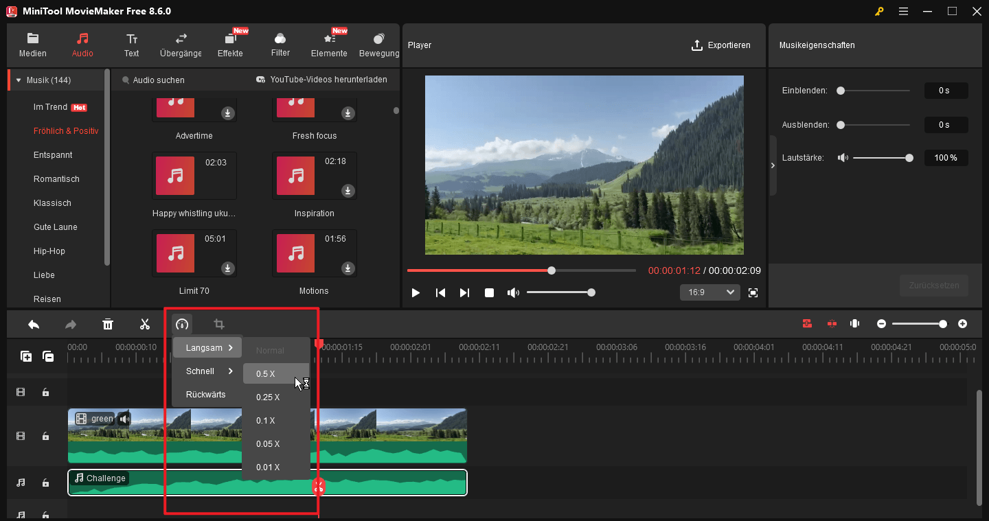 Audio in MiniTool MovieMaker verlangsamen.