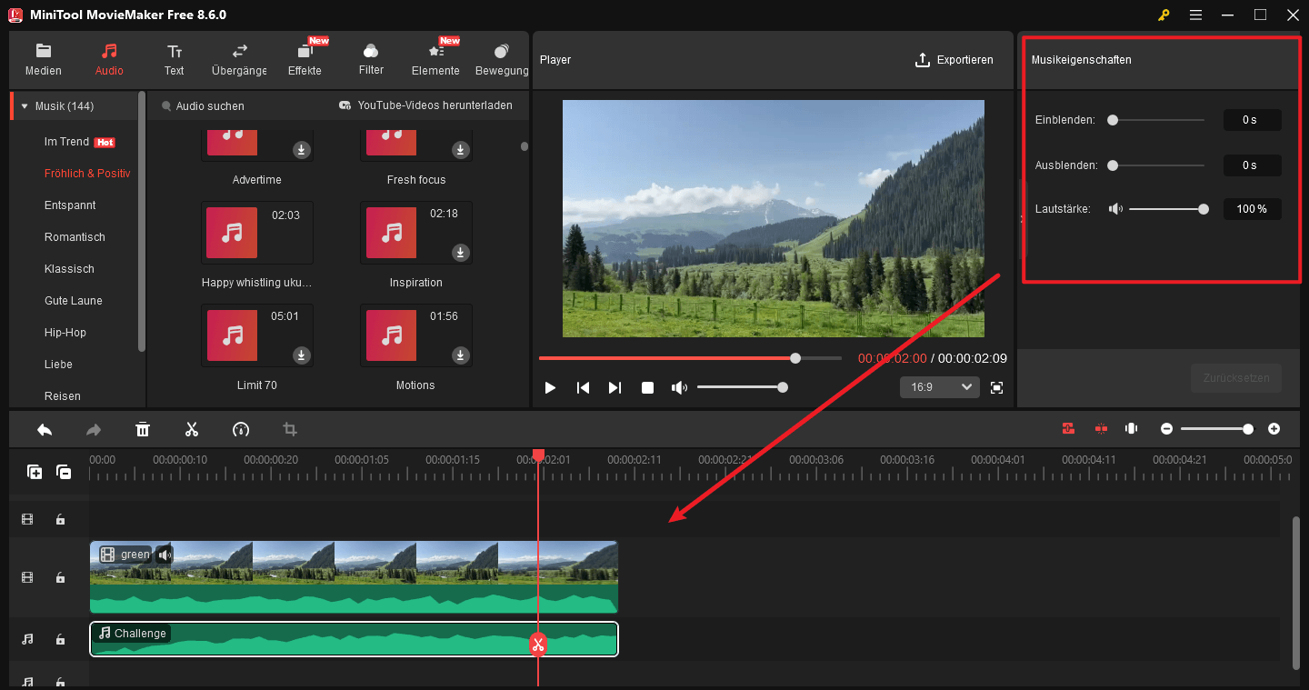 Audioeigenschaften in MiniTool MovieMaker bearbeiten.