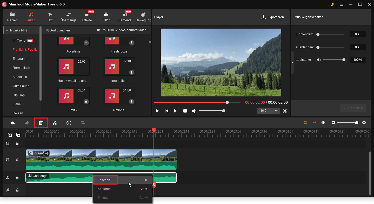 Audio in MiniTool MovieMaker löschen.