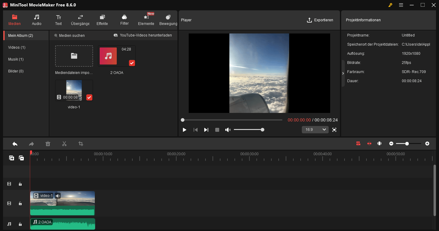 Hinzufügen von Videos und Audiodateien zur Timeline in MiniTool MovieMaker.