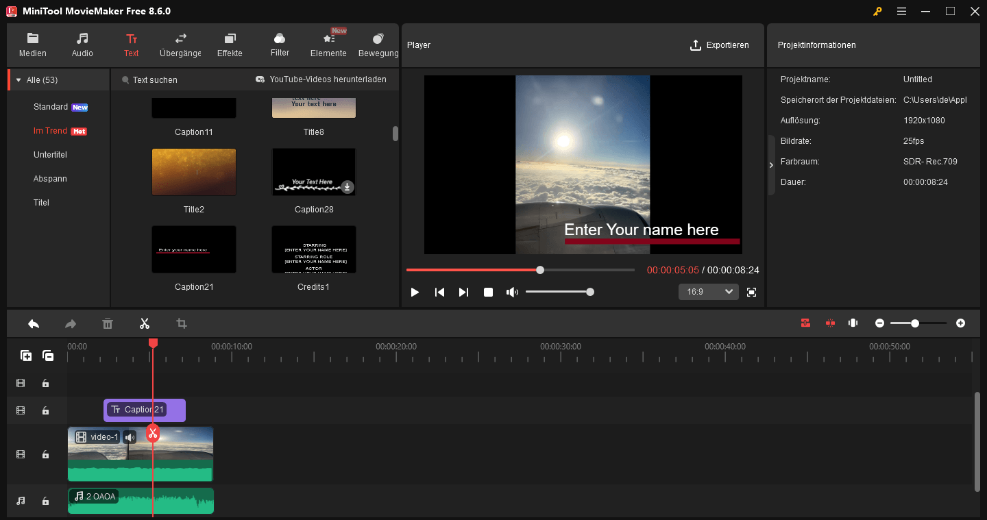 Bearbeiten von Videos und Audiodateien in MiniTool MovieMaker.