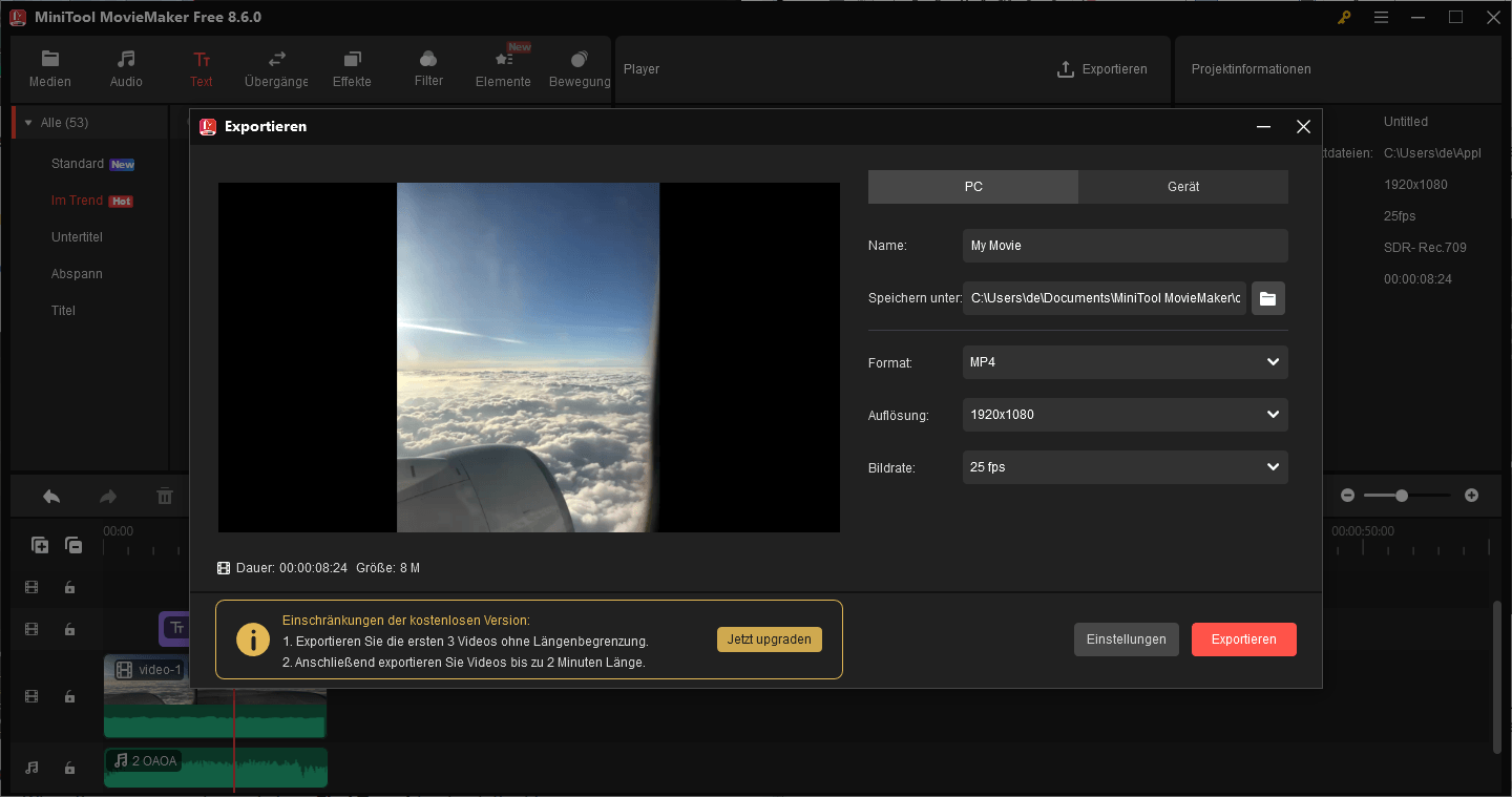 Exportieren des Videos mit MiniTool MovieMaker.