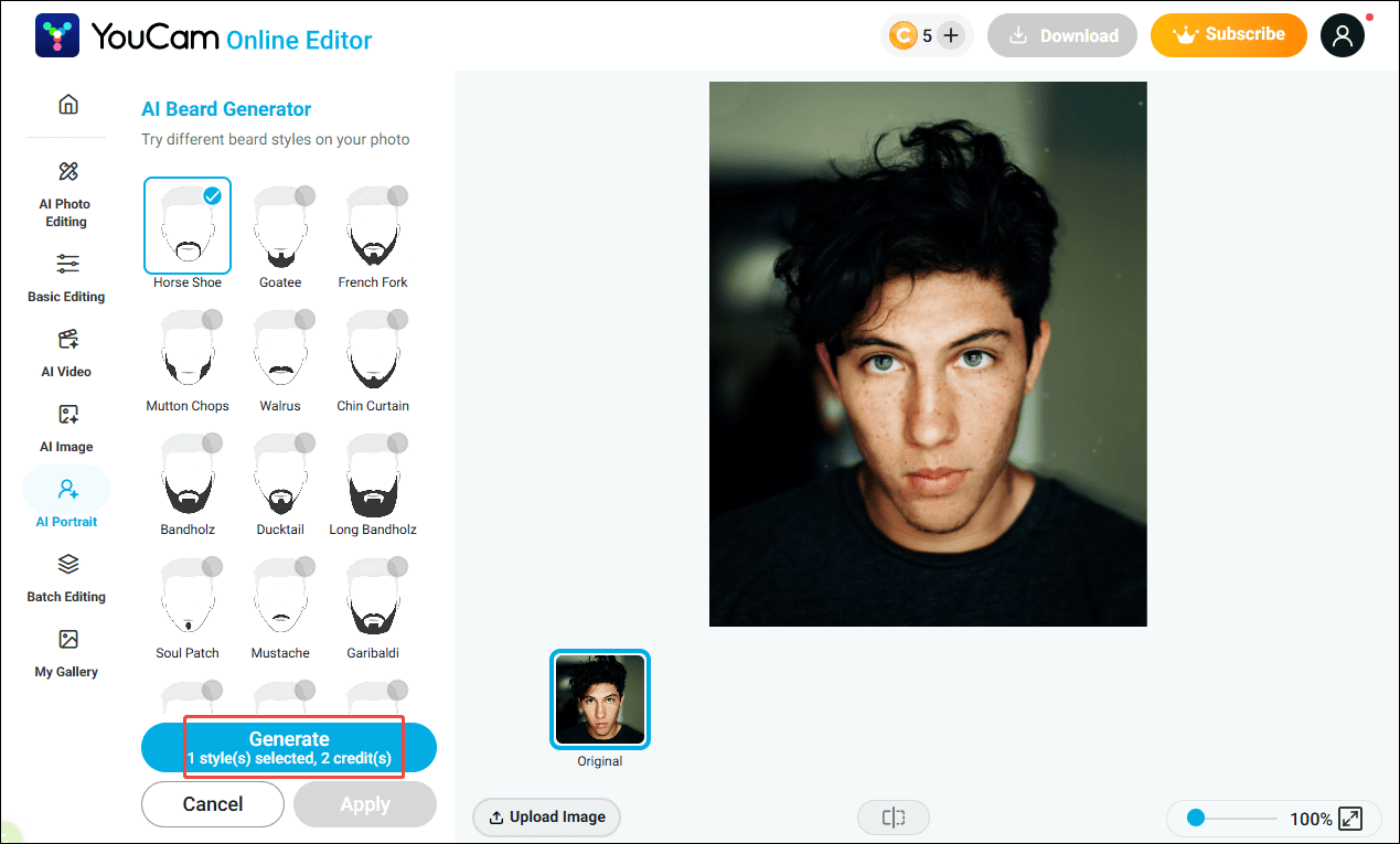 YouCam Online Editor interface showing the selected Generate option.
