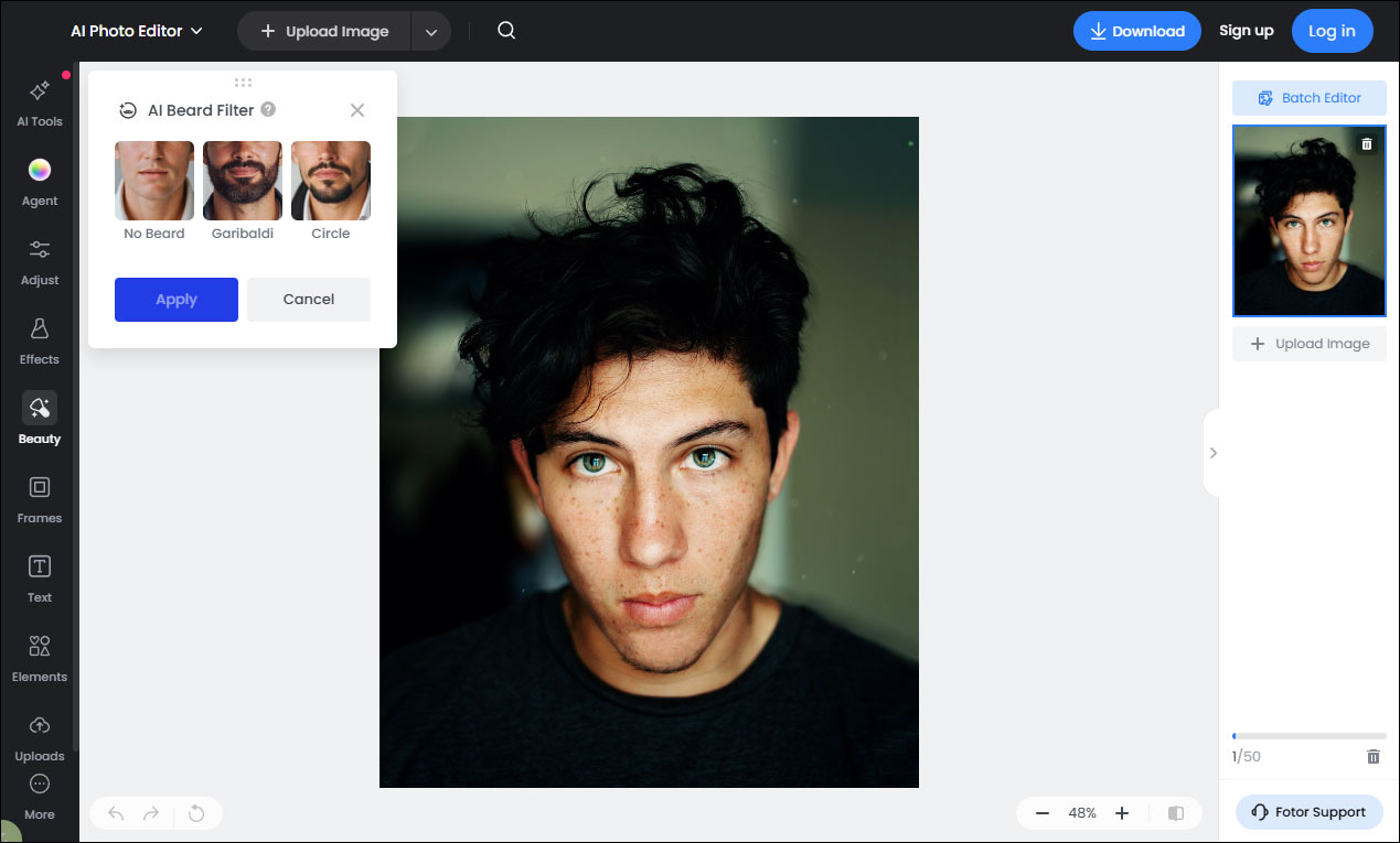 Fotor interface showing the available beard filters.