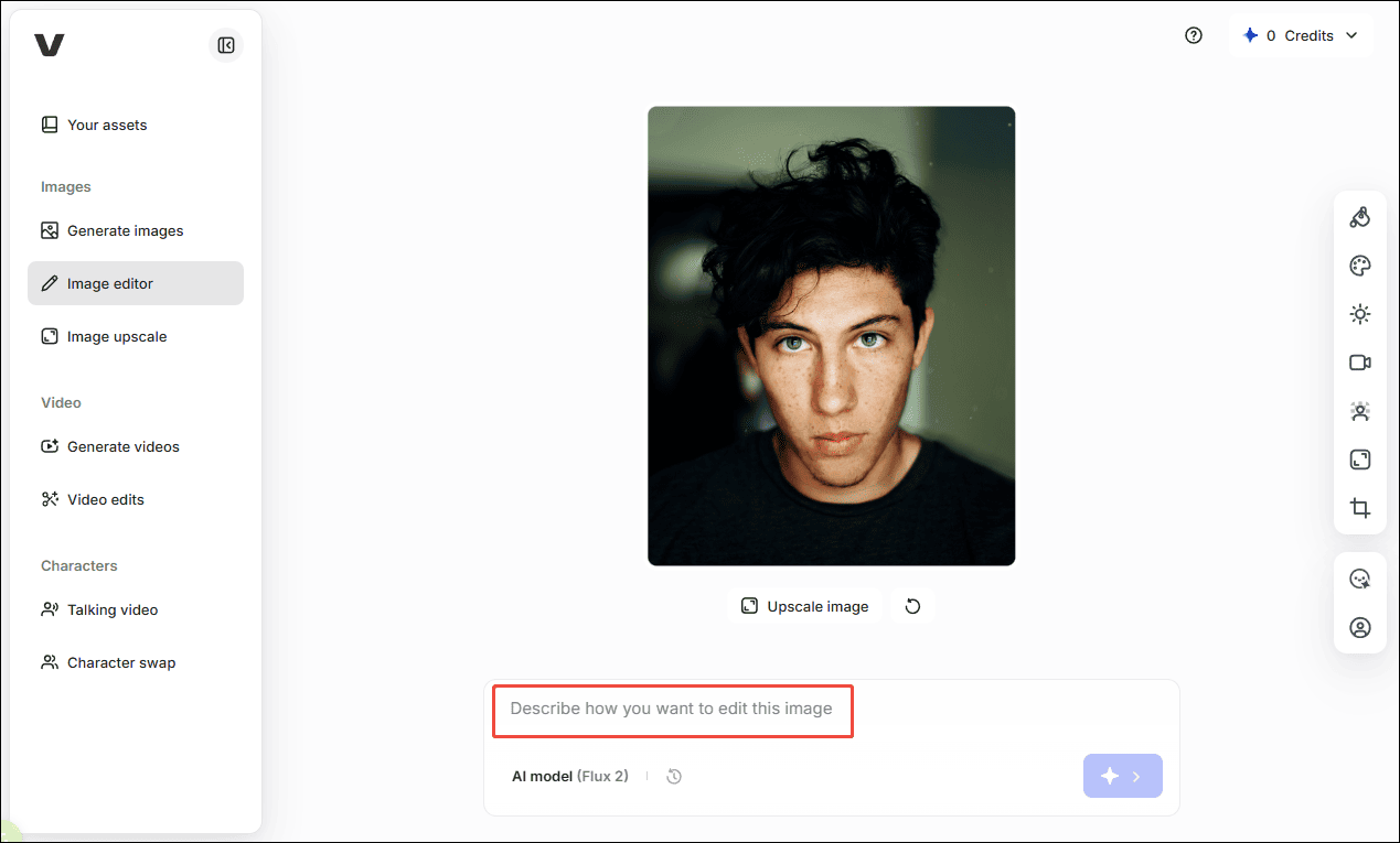 VEED editing interface showing the selected description section.